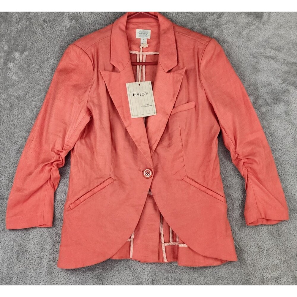 Esley‎ Jacket Womens Medium Coral Linen One Button Cinched Long Sleeve Blazer